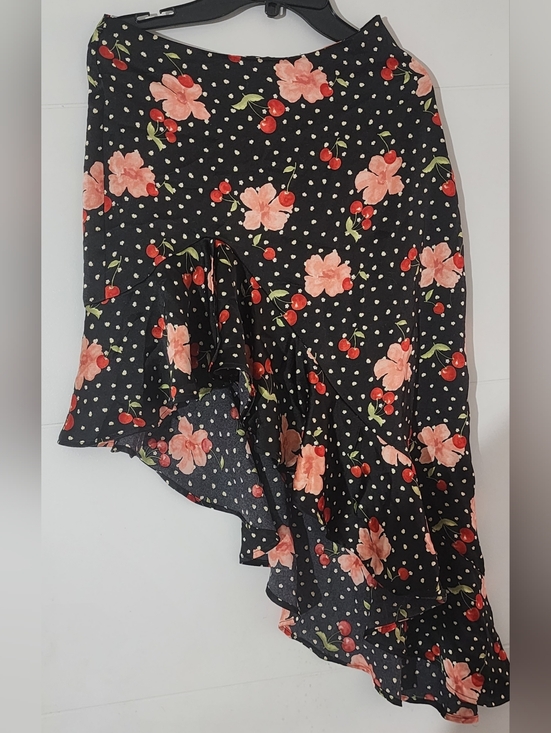 Forever 21 Dresses & Skirts - Forever 21 Black Asymmetrical Ruffle Skirt with Pink Floral and Red Cherry Print